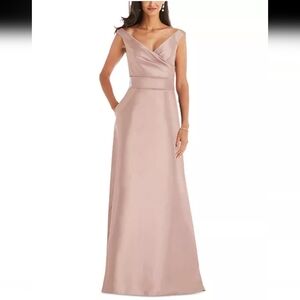 NWT ALFRED SUNG Off-The-Shoulder Draped Wrap Satin Maxi Dress Toasted Sugar